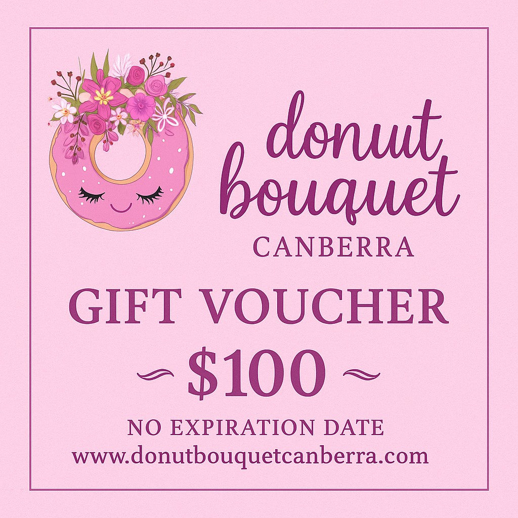 Donut Bouquet Canberra 100 dollar gift voucher featuring a cute pink donut illustration with floral decorations.