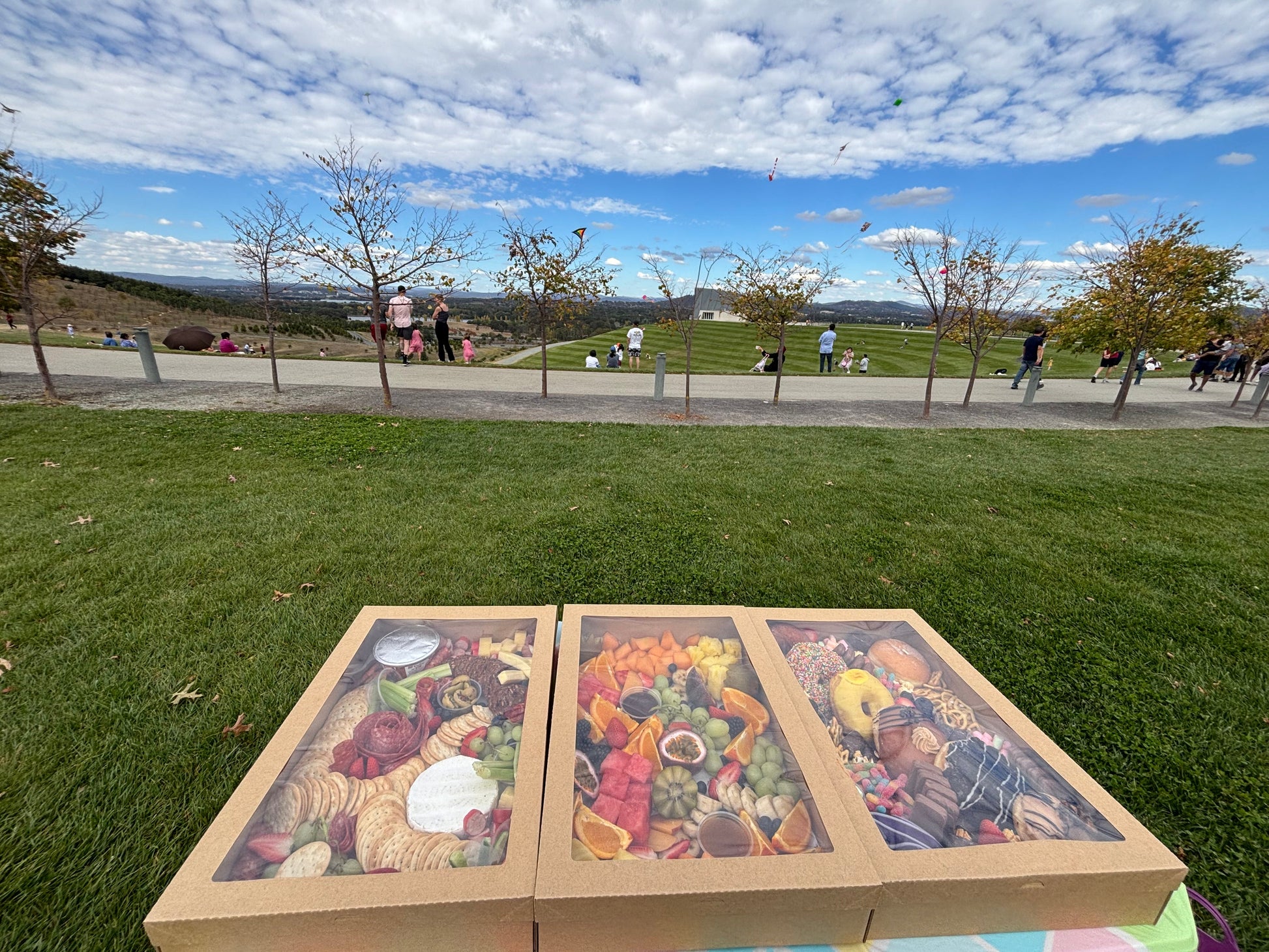 Donut Bouquet Canberra grazing boxes featuring assorted donuts, pretzels, lollies, and fruit on a grassy park hill.