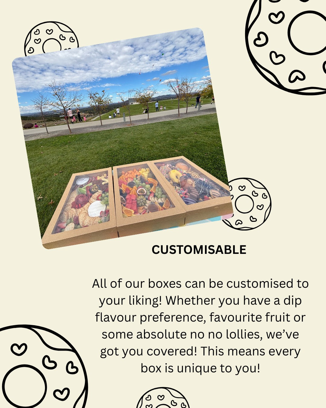 Donut Bouquet Canberra sweets grazing boxes featuring assorted treats and donuts in a park setting