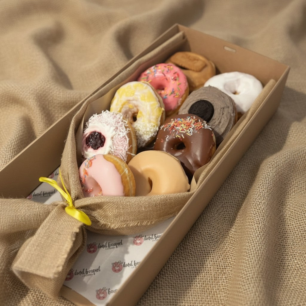 Donut Bouquet Canberra vegan donut bouquet featuring nine assorted XL glazed donuts wrapped in hessian with a ribbon