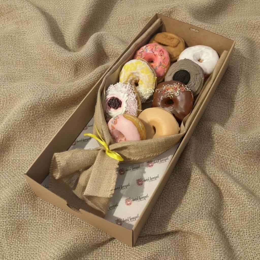 Donut Bouquet Canberra vegan premium 9XL donut bouquet with assorted glazed and topped donuts in a hessian wrap.