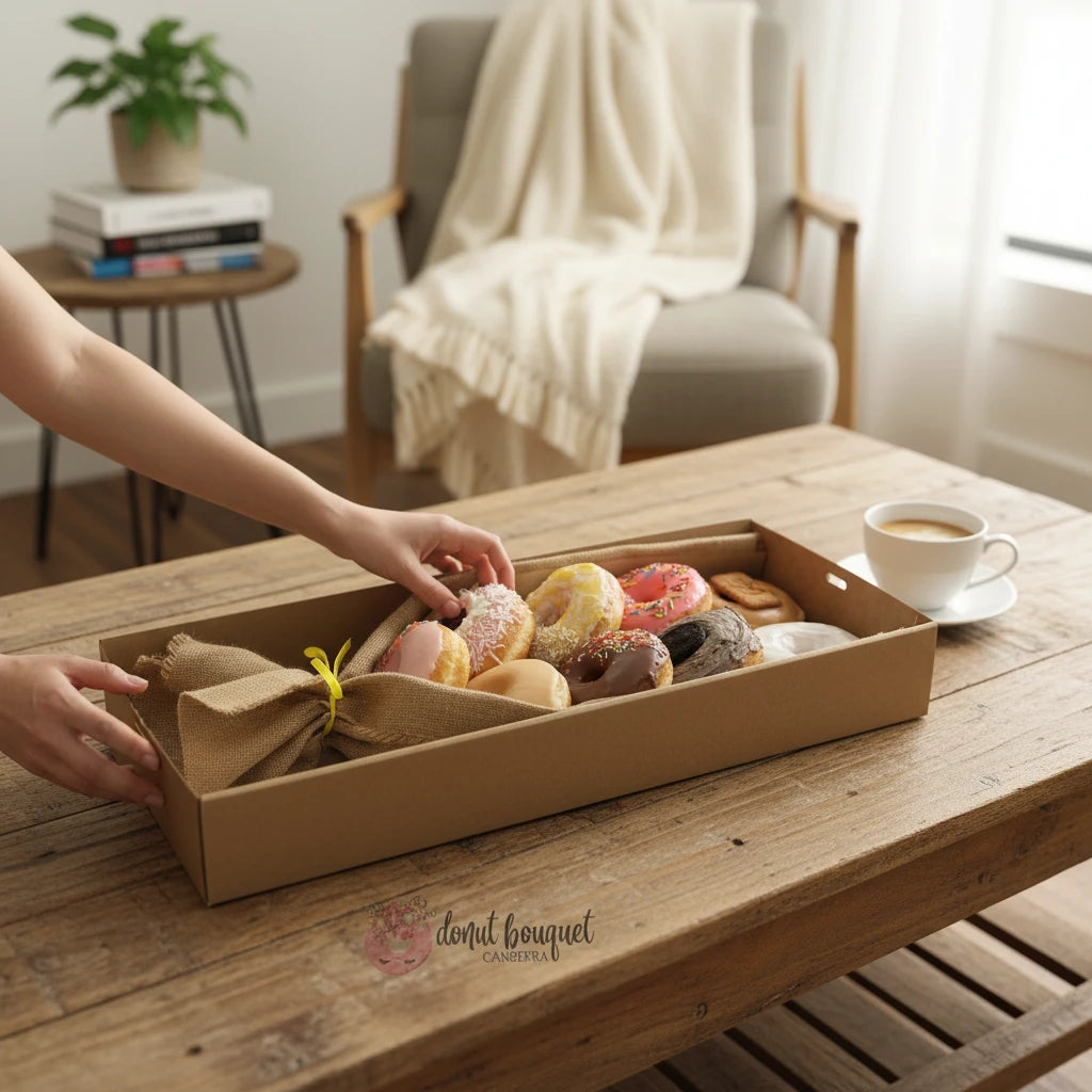Donut Bouquet Canberra vegan donut bouquet featuring nine assorted XL donuts wrapped in hessian burlap on a table
