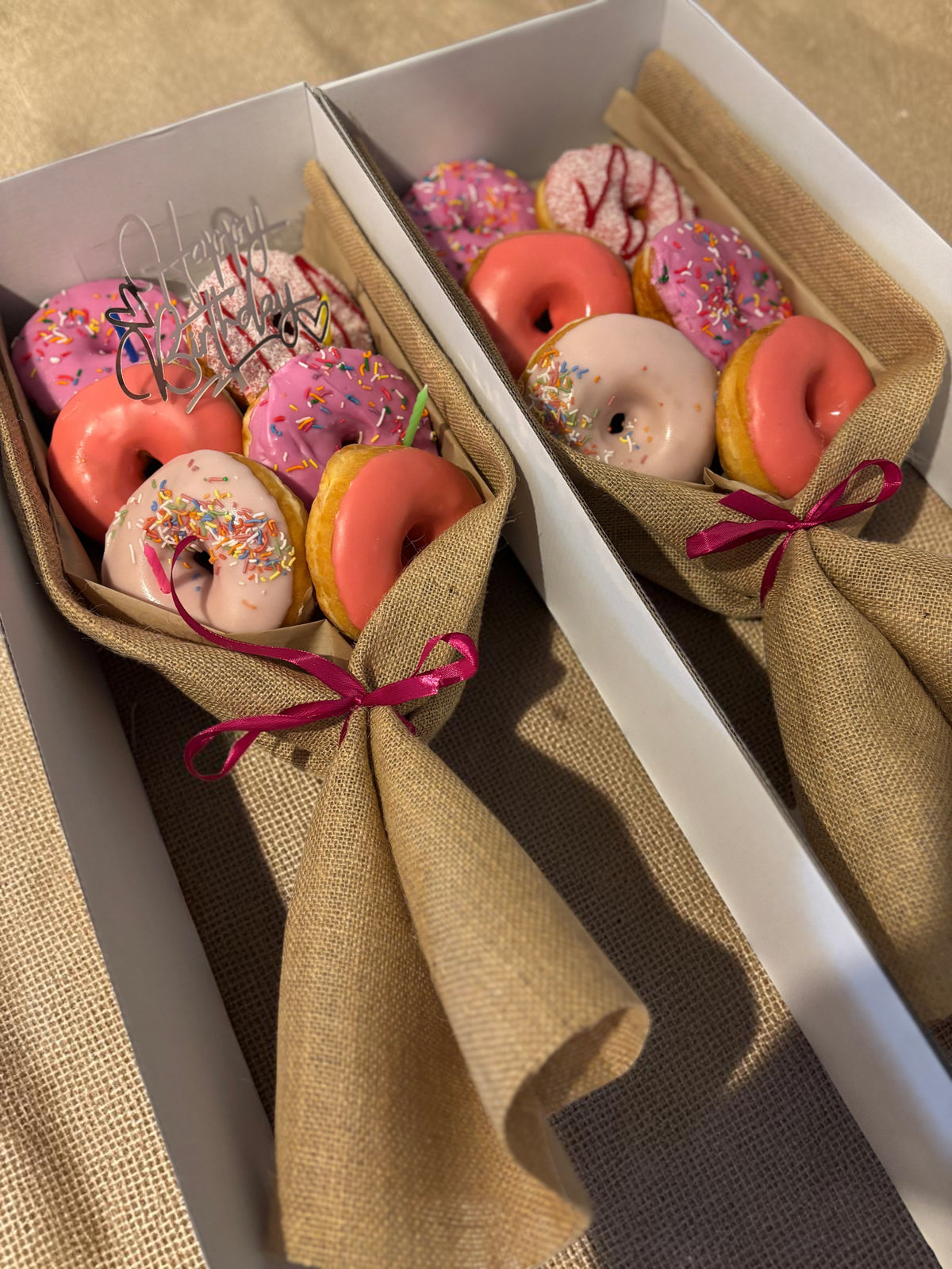 Donut Bouquet Canberra premium 6 pack XL donut bouquet featuring assorted glazed, sprinkled, and filled donuts.