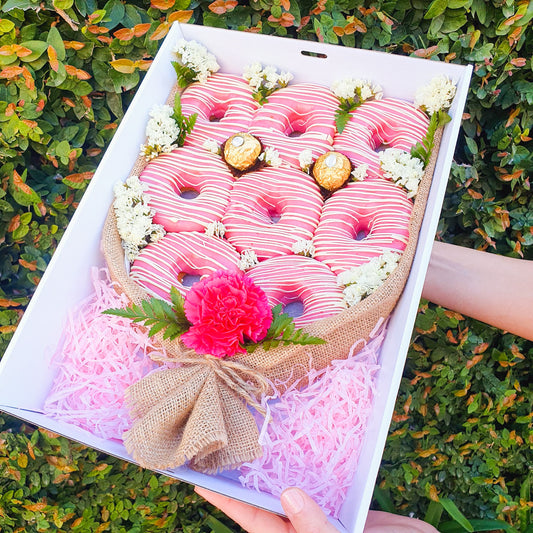 Pink Donut Bouquet with Fresh Flowers